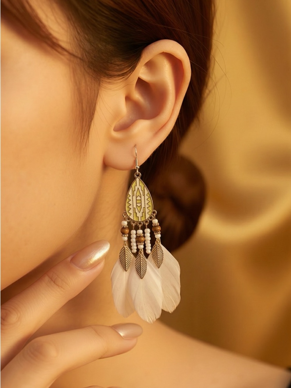 Fashion Jewelry White Feather Dangle Earrings with Gold-Tone Accents